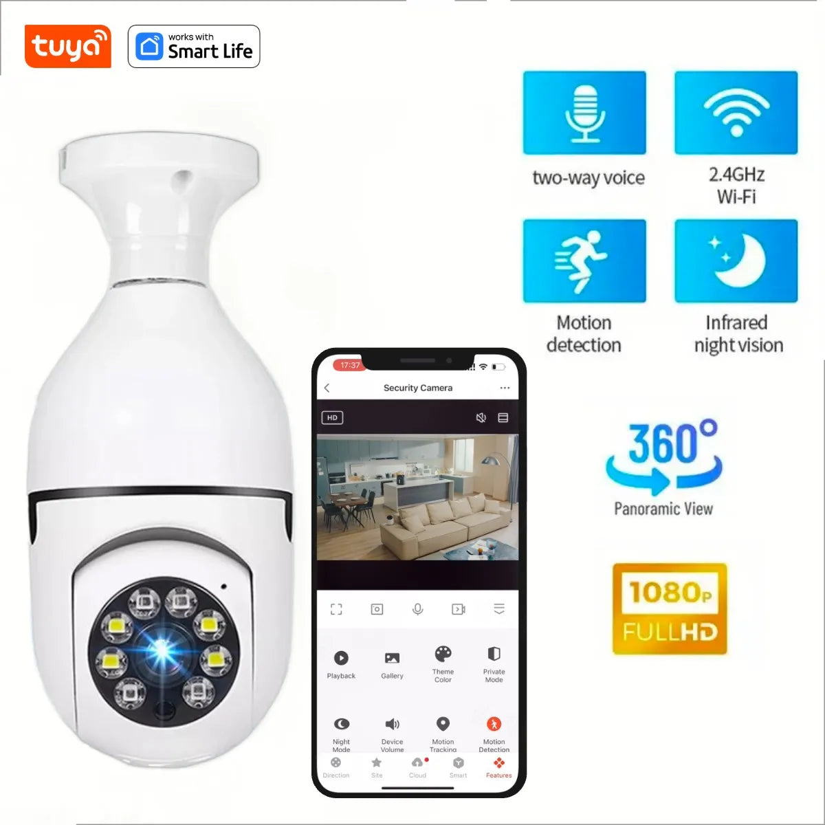 Tuya Smart Home 2.4G E27 Bulb Wifi Surveillance Camera HD Night Security Video Surveillance Supprt Two Way Audio Mobile Motion