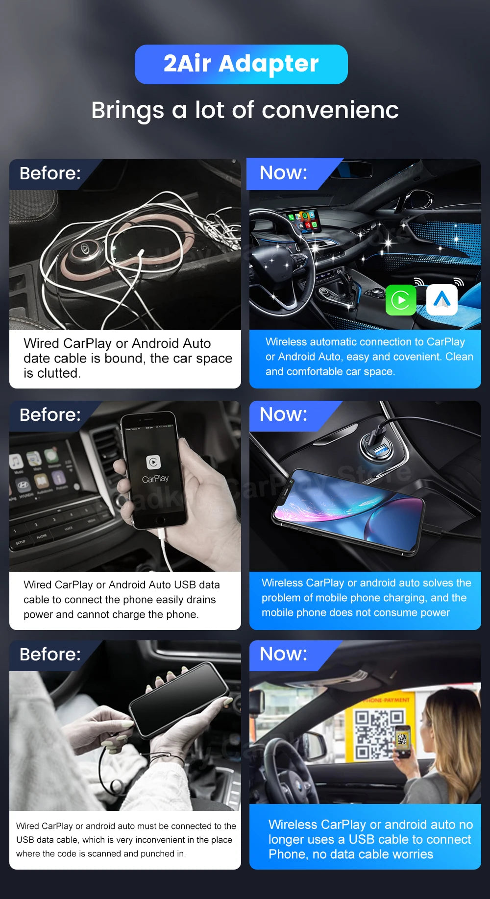 Carlinkit 5 2air Wireless CarPlay Android Auto Wireless Box 2in 1 Adapter 2-Channel Work Waze Spotify 5.8Ghz WiFi BT5.0 Siri GPS