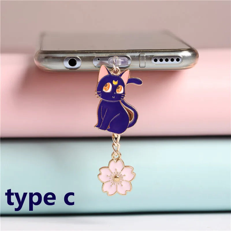 Moon Cat Anime Dust Plug Charm Kawaii Charge Port Plug For iPhone Anti Dust Cap Type C Dust Protection Stopper Phone Pendant