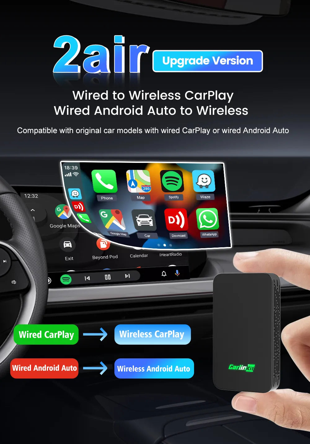 Carlinkit 5 2air Wireless CarPlay Android Auto Wireless Box 2in 1 Adapter 2-Channel Work Waze Spotify 5.8Ghz WiFi BT5.0 Siri GPS