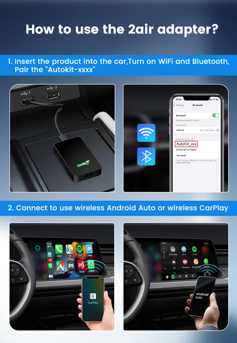 Carlinkit 5 2air Wireless CarPlay Android Auto Wireless Box 2in 1 Adapter 2-Channel Work Waze Spotify 5.8Ghz WiFi BT5.0 Siri GPS